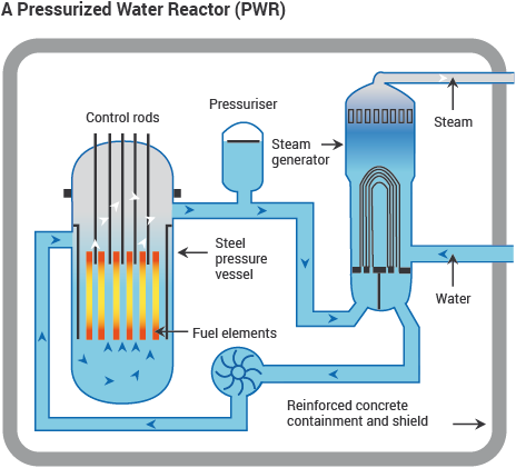 Sơ đồ lò phản ứng nước có áp (PWR) hiển thị các thành phần chính
