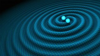 Một biểu hiện của thuyết tương đối rộng là sóng hấp dẫn, được mô tả ở đây như được tạo ra bởi hai lỗ đen va chạm. kết cấu của không-thời gian.